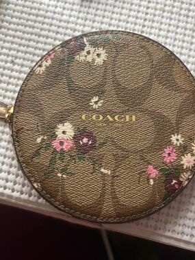 Coach Floral Signature Round Coin Case — Brown/Pink